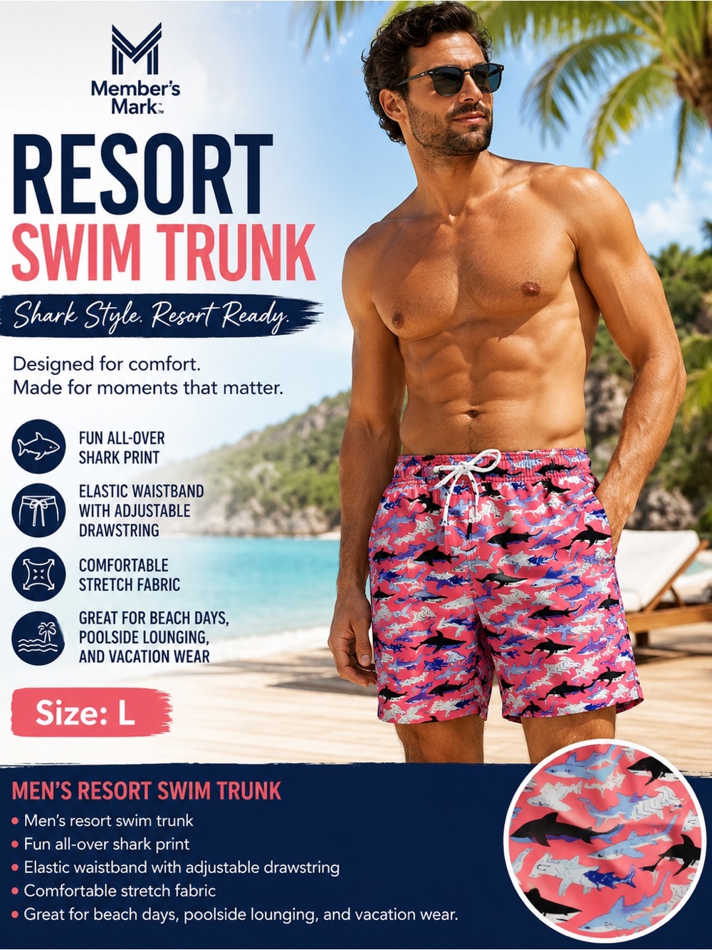 Member's Mark Pink Shark-Print Resort Swim Trunks